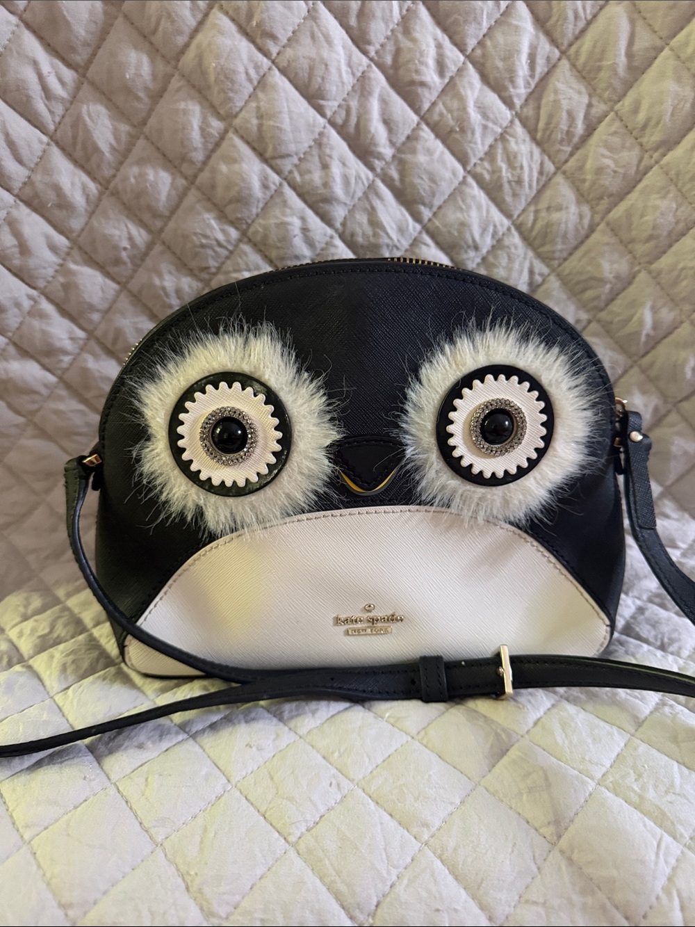 kate spade Black and White Owl Crossbody Bag with Fur Eyes